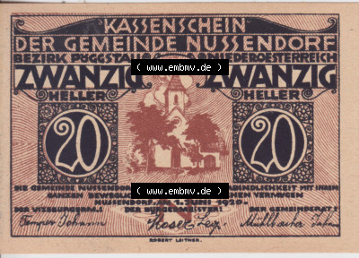 Notgeldscheine Niederösterreich Nussendorf - Artstetten 1920, 20 Heller. Vorderseite des Notgeldscheins im online Katalog auf... Sammlung