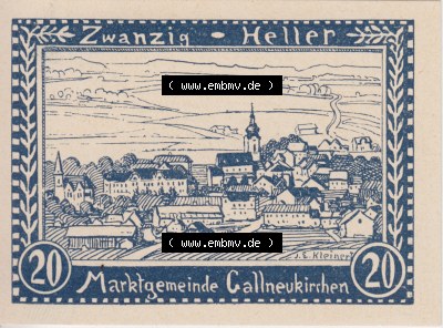 Notgeldscheine Oberösterreich Gallneukirchen 1920, 20 Heller. Vorderseite des oberösterreichischen Notgeldscheins im online... Sammlung