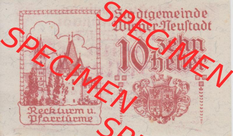 Notgeldscheine Niederösterreich Wiener-Neustadt, Stadt-Gemeinde 1920, 10 Heller. Vorderseite des Notgeldscheins im online Katalog auf EMBMV zum katalogisieren der eigenen Sammlung... Sammlung