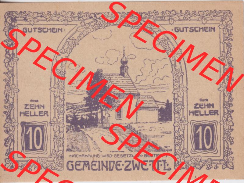 Notgeldscheine Oberösterreich Zwettl Mühlkreis 1920-1921, 10 Heller violett (1). Notgeld Oberösterreich Gemeinde Zwettl Mühlkreis, Notgeldscheine aus Oberösterreich... Sammlung