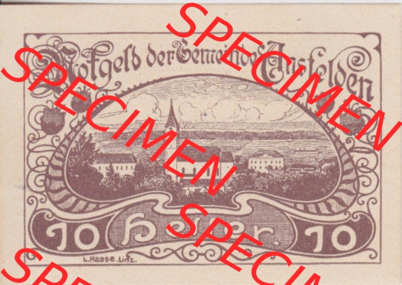 Notgeldscheine Oberösterreich Ansfelden Ortsgemeinde 1920, 10 Heller. Vorderseite des oberösterreichischen Notgeldscheins im online Katalog auf EMBMV zum katalogisieren der eigenen... Sammlung