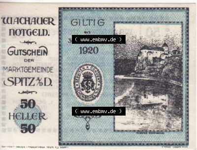 Notgeldscheine Niederösterreich Spitz Wachauer Notgeld 1920, I. 50 Heller. Vorderseite des Notgeldscheins im online Katalog auf... Sammlung