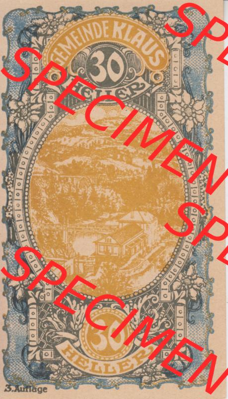 Notgeldscheine Vorarlberg Klaus 1920, II 30 Heller, 3. Auflage Ortsansichten (1) Sammlung