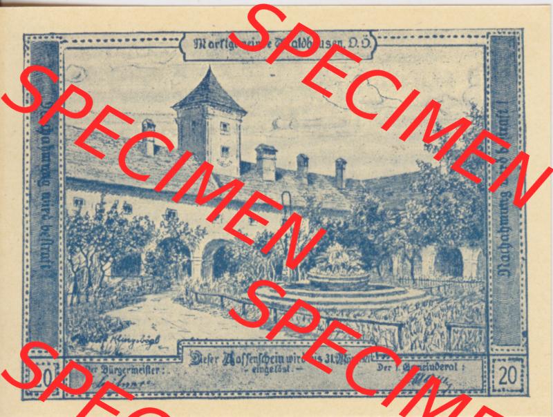Notgeldscheine Oberösterreich Waldhausen im Strudengau 1921, 20 Heller (1). Notgeld als Gutschein der Oberösterreich Marktgemeinde Waldhausen, Notgeldscheine aus... Sammlung