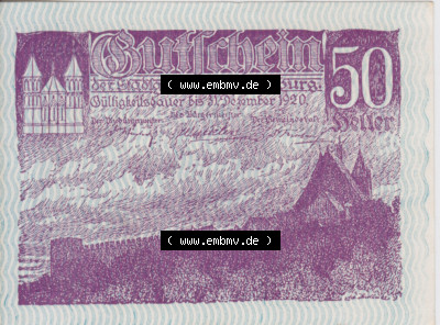Notgeldscheine Niederösterreich Eggenburg 1920, 50 Heller III. Vorderseite des Notgeldscheins im online Katalog auf EMBMV zum... Sammlung