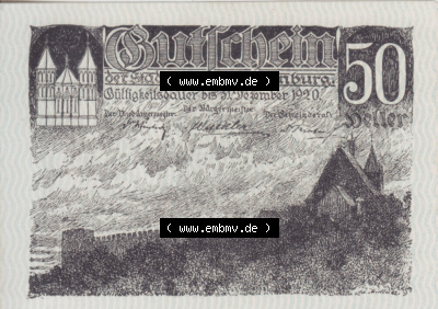 Notgeldscheine Niederösterreich Eggenburg 1920, 50 Heller I. Vorderseite des Notgeldscheins im online Katalog auf EMBMV zum katalogisieren... Sammlung