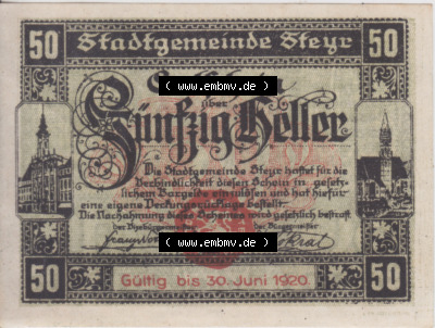 Notgeldscheine Oberösterreich Steyr 1919-1920, 50 Heller (1). Notgeld Oberösterreich Steyr, Notgeldscheine aus Oberösterreich... Sammlung