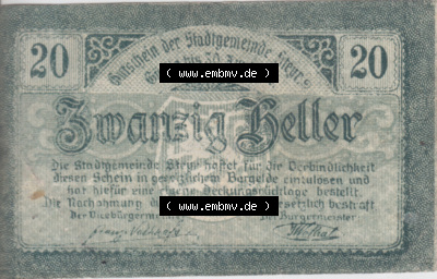 Notgeldscheine Oberösterreich Steyr 1919-1920, 20 Heller (1). Notgeld Oberösterreich Steyr, Notgeldscheine aus Oberösterreich... Sammlung