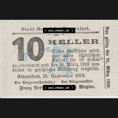 Notgeldscheine Kärnten Klagenfurt 10 Heller. Vorderseite des Notgeldscheins im online Katalog auf EMBMV zum katalogisieren der eigenen Sammlung für private Sammler und Historiker für... Sammlung