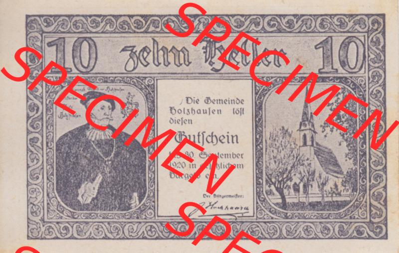 Notgeldscheine Oberösterreich Holzhausen 1920, 10 Heller. Vorderseite des oberösterreichischen Notgeldscheins im online Katalog auf EMBMV zum katalogisieren der eigenen Notgeld-Sammlung... Sammlung