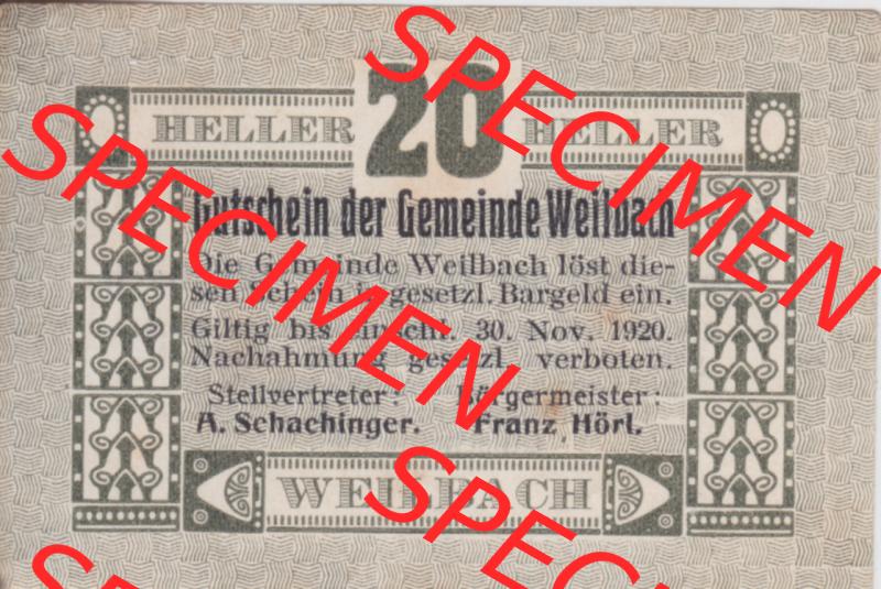 Notgeldscheine Oberösterreich Weilbach 1920, 20 Heller (1). Notgeld Oberösterreich Weilbach, Gemeinde, Notgeldscheine aus Oberösterreich im online Katalog... Sammlung