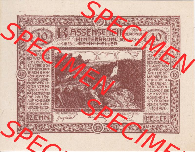 Notgeldscheine Niederösterreich Hinterbrühl 1920, 10 Heller II. Vorderseite des Notgeldscheins im online Katalog auf EMBMV zum katalogisieren der eigenen Sammlung für private... Sammlung