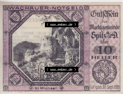 Notgeldscheine Niederösterreich Sankt Michael am Bruckbach 1920, 10 Heller. Vorderseite des Notgeldscheins im online Katalog... Sammlung