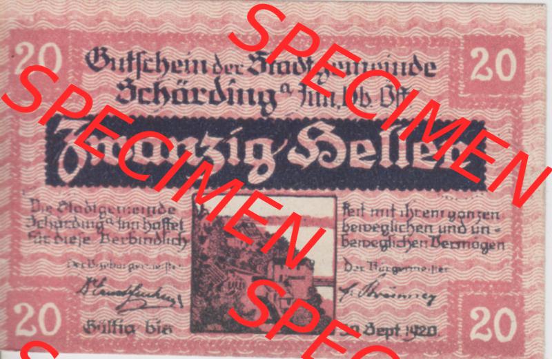 Notgeldscheine Oberösterreich Schärding 1920, 20 Heller (1). [Notgeld Oberösterreich Schärding, Notgeldscheine aus Oberösterreich im online... Sammlung