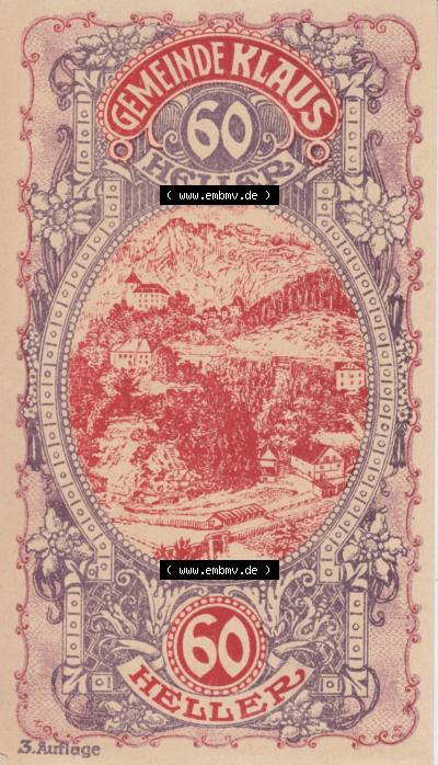 Notgeldscheine Vorarlberg Klaus 1920, III 60 Heller, 3. Auflage Ortsansichten (1) Sammlung