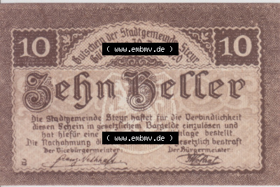 Notgeldscheine Oberösterreich Steyr 1919-1920, 10 Heller (1). Notgeld Oberösterreich Steyr, Notgeldscheine aus Oberösterreich... Sammlung