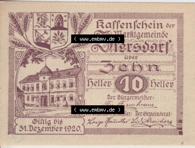 Notgeldscheine Niederösterreich Ziersdorf 1920, 10 Heller. Vorderseite des Notgeldscheins im online Katalog auf EMBMV zum katalogisieren... Sammlung