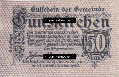Notgeldscheine Oberösterreich Gunskirchen, Gemeinde 1920, 50 Heller. Vorderseite des oberösterreichischen Notgeldscheins im... Sammlung