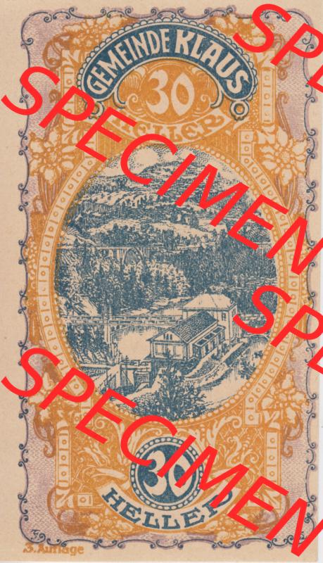 Notgeldscheine Vorarlberg Klaus 1920, I 30 Heller, 3. Auflage Ortsansichten (1) Sammlung