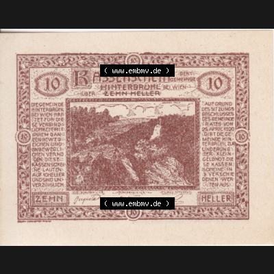 Notgeldscheine Niederösterreich Hinterbrühl 1920, 10 Heller III. Vorderseite des Notgeldscheins im online Katalog auf EMBMV zum katalogisieren der eigenen Sammlung für private... Sammlung