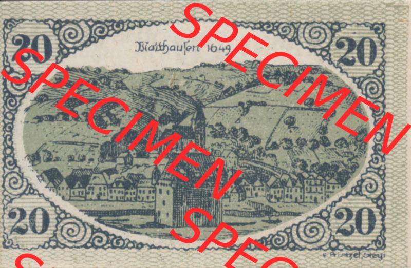 Notgeldscheine Oberösterreich Mauthausen 20 Heller II. Vorderseite des oberösterreichischen Notgeldscheins im online Katalog auf EMBMV zum katalogisieren der eigenen Notgeld-Sammlung Oberösterreich... Sammlung