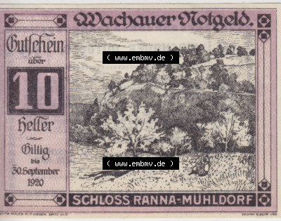 Notgeldscheine Niederösterreich Schloss Ranna-Mühldorf 1920, 10 Heller. Vorderseite des Notgeldscheins im online Katalog auf... Sammlung