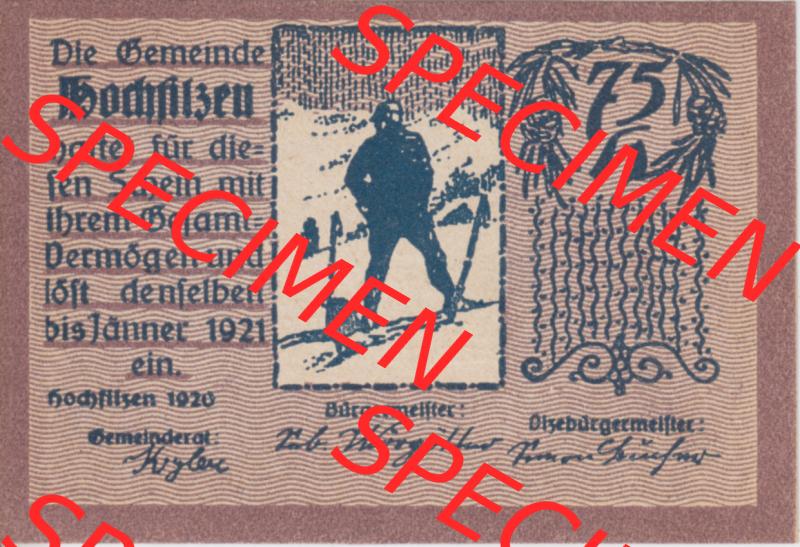 Notgeldscheine Tirol Hochfilzen 1920, 75 Heller (1) Sammlung
