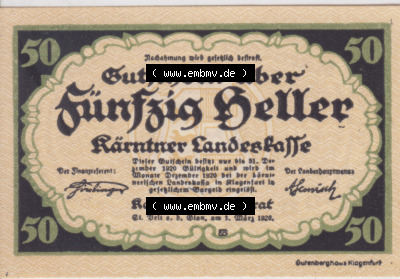 Notgeldscheine Kärnten Kärntner Landeskasse 1920, 50 Heller. Vorderseite des Notgeldscheins im online Katalog auf EMBMV zum... Sammlung