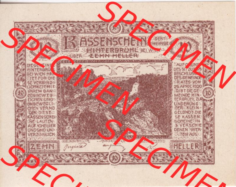 Notgeldscheine Niederösterreich Hinterbrühl 1920, 10 Heller III. Vorderseite des Notgeldscheins im online Katalog auf EMBMV zum katalogisieren der eigenen Sammlung für private... Sammlung