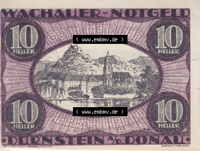 Notgeldscheine Niederösterreich Dürnstein 1920, 10 Heller. Vorderseite des Notgeldscheins im online Katalog auf EMBMV zum katalogisieren... Sammlung