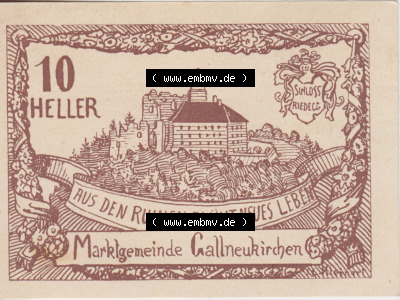 Notgeldscheine Oberösterreich Gallneukirchen 1920, 10 Heller. Vorderseite des oberösterreichischen Notgeldscheins im online... Sammlung