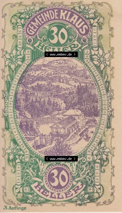 Notgeldscheine Vorarlberg Klaus 1920, III 30 Heller, 3. Auflage Ortsansichten (1) Sammlung
