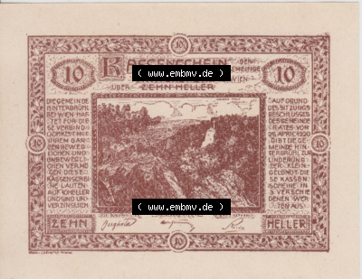 Notgeldscheine Niederösterreich Hinterbrühl 1920, 10 Heller I. Vorderseite des Notgeldscheins im online Katalog auf EMBMV zum... Sammlung