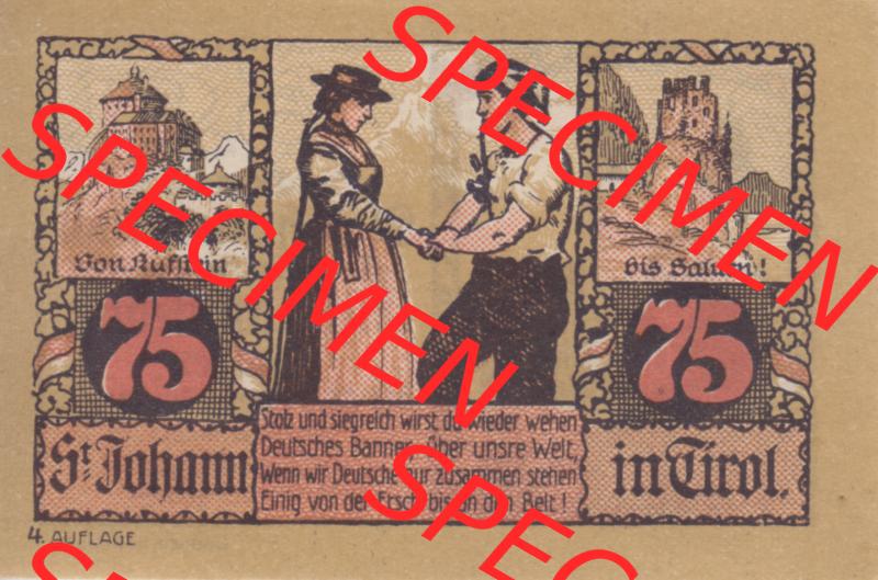 Notgeldscheine Tirol Sankt Johann in Tirol 1921, Auflage 4. 75 Heller (1) Sammlung