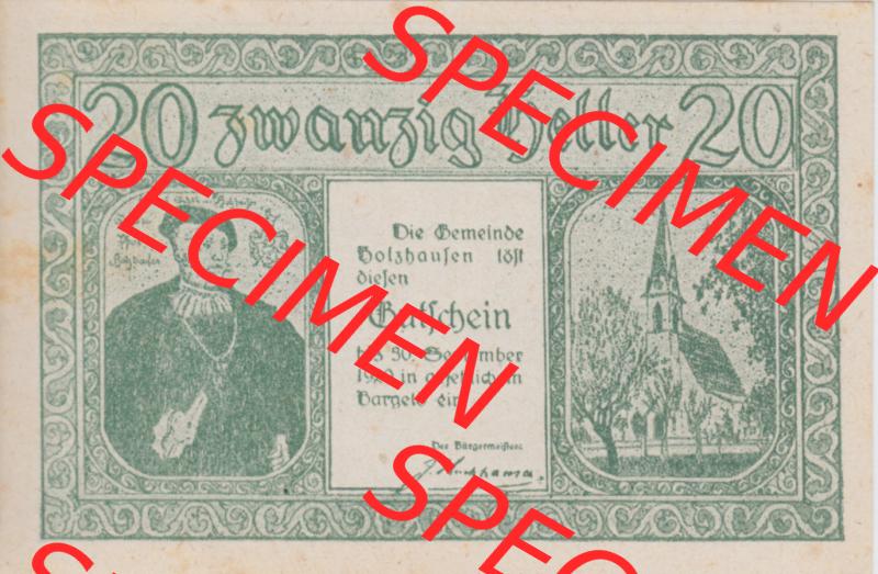Notgeldscheine Oberösterreich Holzhausen 1920, 20 Hellerr. Vorderseite des oberösterreichischen Notgeldscheins im online Katalog auf EMBMV zum katalogisieren der eigenen Notgeld-Sammlung... Sammlung