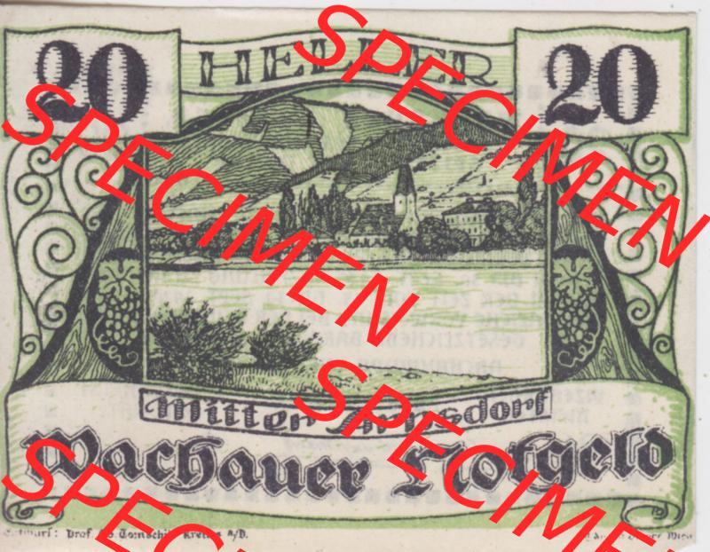 Notgeldscheine Niederösterreich Mitterarnsdorf Wachauer Notgeld 1920, 20 Heller Wachauer Notgeld. Vorderseite des Notgeldscheins im online Katalog auf EMBMV zum katalogisieren der eigenen... Sammlung