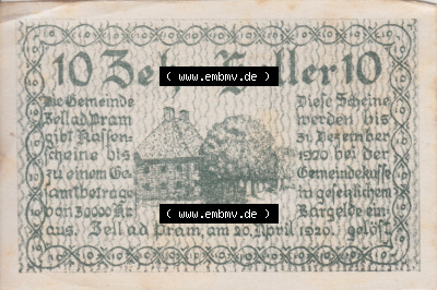 Notgeldscheine Oberösterreich Zell an der Pram 1920, 10 Heller (1). Notgeld Oberösterreich Gemeinde Zell an der Pram, Notgeldscheine... Sammlung