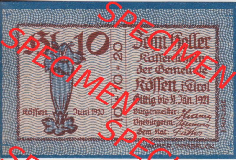 Notgeldscheine Tirol Kössen 1919-1920, 10 Heller (1) Sammlung