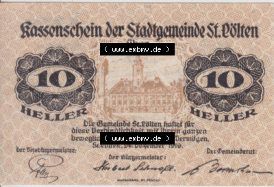 Notgeldscheine Niederösterreich Sankt Pölten 10 Heller. Vorderseite des Notgeldscheins im online Katalog auf EMBMV zum katalogisieren... Sammlung