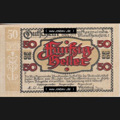 Notgeldscheine Oberösterreich Mauthausen 50 Heller II. Vorderseite des oberösterreichischen Notgeldscheins im online Katalog auf EMBMV zum katalogisieren der eigenen Notgeld-Sammlung Oberösterreich... Sammlung