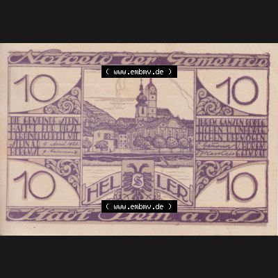 Notgeldscheine Niederösterreich Gemeinde Stadt Stein an der Donau 10 Heller. Vorderseite des Notgeldscheins im online Katalog auf EMBMV zum katalogisieren der eigenen Sammlung für private... Sammlung
