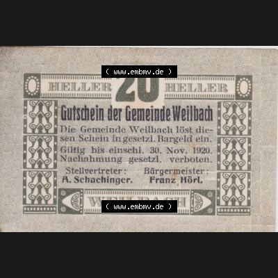 Notgeldscheine Oberösterreich Weilbach 1920, 20 Heller (1). Notgeld Oberösterreich Weilbach, Gemeinde, Notgeldscheine aus Oberösterreich im online Katalog... Sammlung