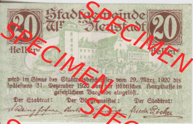 Notgeldscheine Niederösterreich Wiener-Neustadt, Stadt-Gemeinde 1920, 20 Heller. Vorderseite des Notgeldscheins im online Katalog auf EMBMV zum katalogisieren der eigenen Sammlung... Sammlung