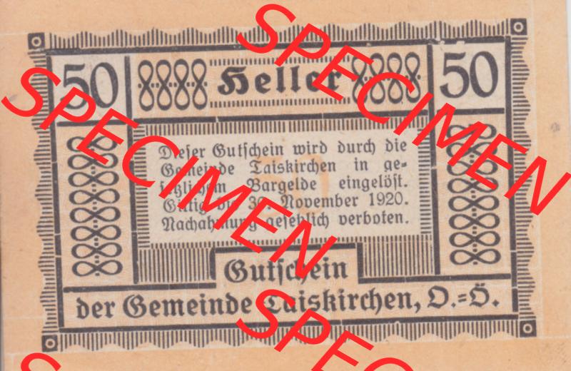 Notgeldscheine Niederösterreich Gemeinde Traiskirchen 1920, 50 Heller II. Vorderseite des Notgeldscheins im online Katalog auf EMBMV zum katalogisieren der eigenen Sammlung für private... Sammlung