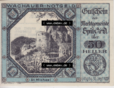 Notgeldscheine Niederösterreich Sankt Michael am Bruckbach 1920, 50 Heller. Vorderseite des Notgeldscheins im online Katalog... Sammlung