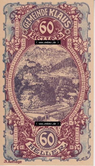 Notgeldscheine Vorarlberg Klaus 1920, II 60 Heller, 3. Auflage Ortsansichten (1) Sammlung