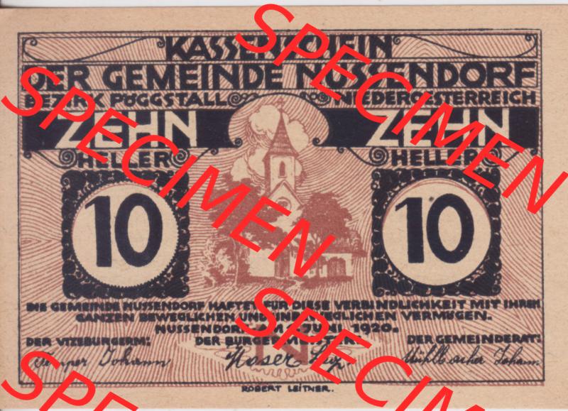 Notgeldscheine Niederösterreich Nussendorf - Artstetten 1920, 10 Heller. Vorderseite des Notgeldscheins im online Katalog auf EMBMV zum katalogisieren der eigenen Sammlung für private... Sammlung