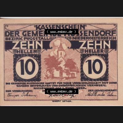 Notgeldscheine Niederösterreich Nussendorf - Artstetten 1920, 10 Heller. Vorderseite des Notgeldscheins im online Katalog auf EMBMV zum katalogisieren der eigenen Sammlung für private... Sammlung