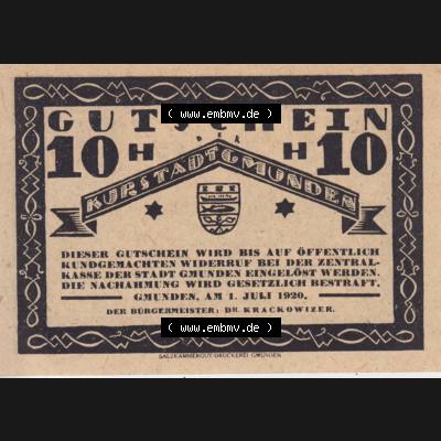 Notgeldscheine Oberösterreich Kurstadt Gmunden 1920, 10 Heller. Vorderseite des oberösterreichischen Notgeldscheins im online Katalog auf EMBMV zum katalogisieren der eigenen Notgeld-Sammlung... Sammlung
