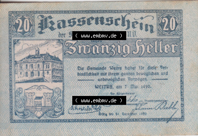 Notgeldscheine Niederösterreich Stadt-Gemeinde Weitra 1920, 20 Heller. Vorderseite des Notgeldscheins im online Katalog auf EMBMV... Sammlung
